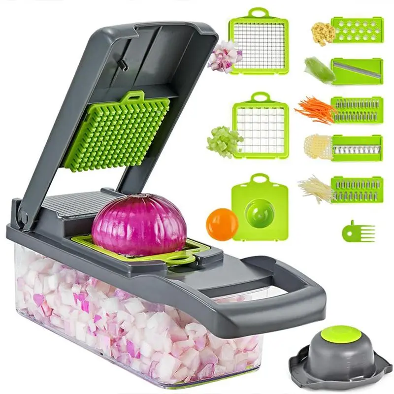 MIUVA Plastic Multipurpose Chopper for Fruits Vegetables Grater Peeler Chipper Dicer Durable Kitchen Tool with Green Handle Modern Home Utensils