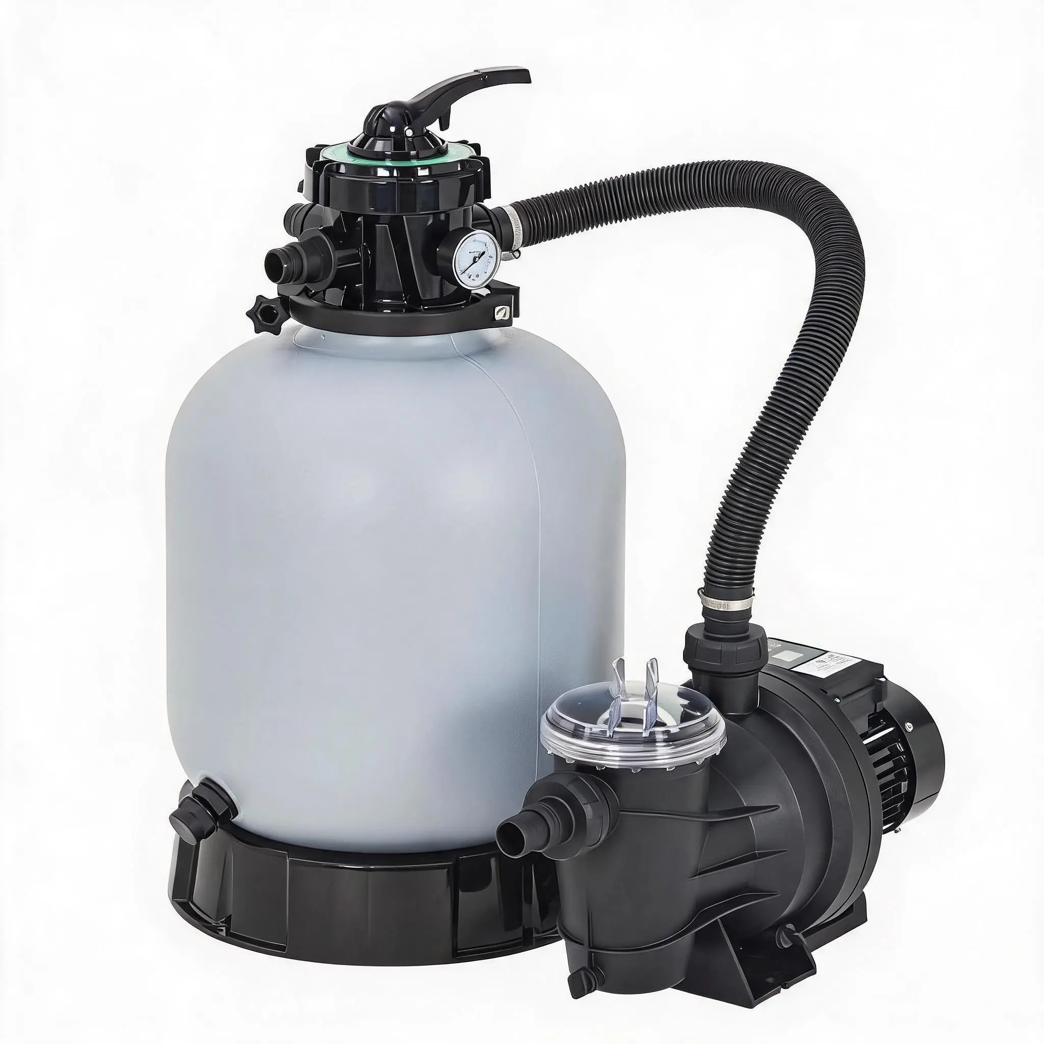 Above Ground Pool Sand Filter Pump System, 1.0/1.5HP Outdoor Pool Unit with Timer, 3962-6075 GPH, 7-Way Multi-Port Valve, Large Strainer Basket, Corrosion Resistant Water Filtration Complete Combo Set