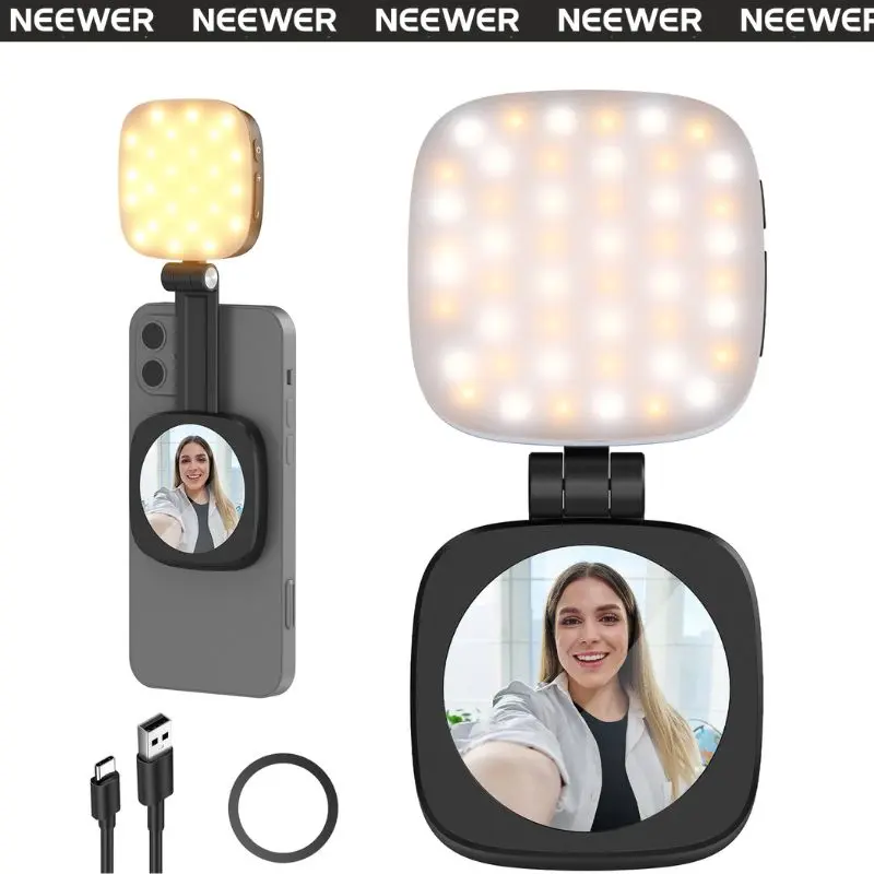 NEEWER NL48B Magnetic MagSafe Selfie Light for iPhone/Android, Foldable LED Ring with Mirror & Stand, Portable Rechargeable Adjustable for Makeup, Zoom Meetings, Content Creation – Enhancing Skin Tone
