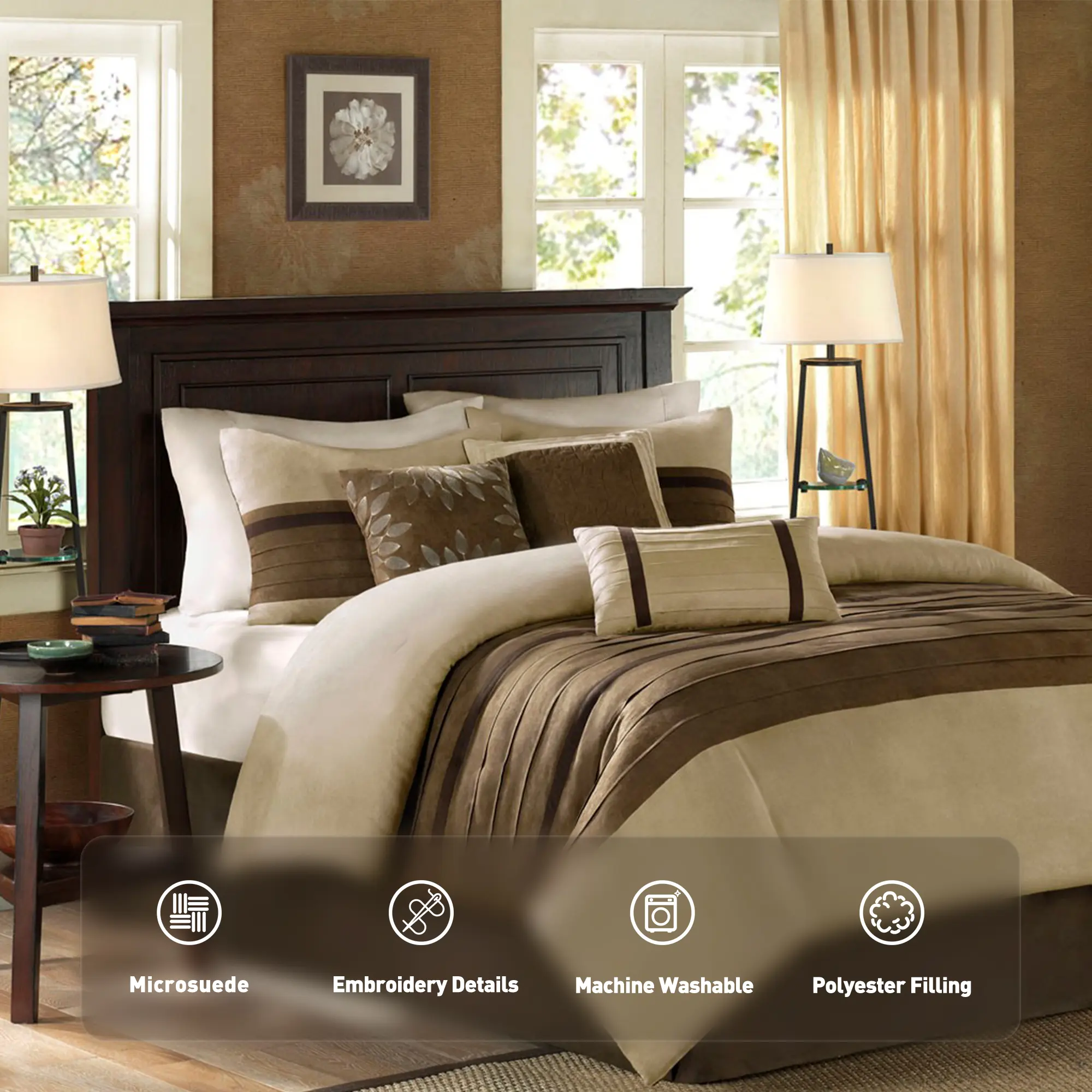 Madison Park Palmer 7-Piece Comfy Bedding Set - Pieced Microsuede, Embroidered Details, Breathable Hotel Style Bedding (King, Queen Comforter Set Sizes Available),back to school,back to school shopping,home decor