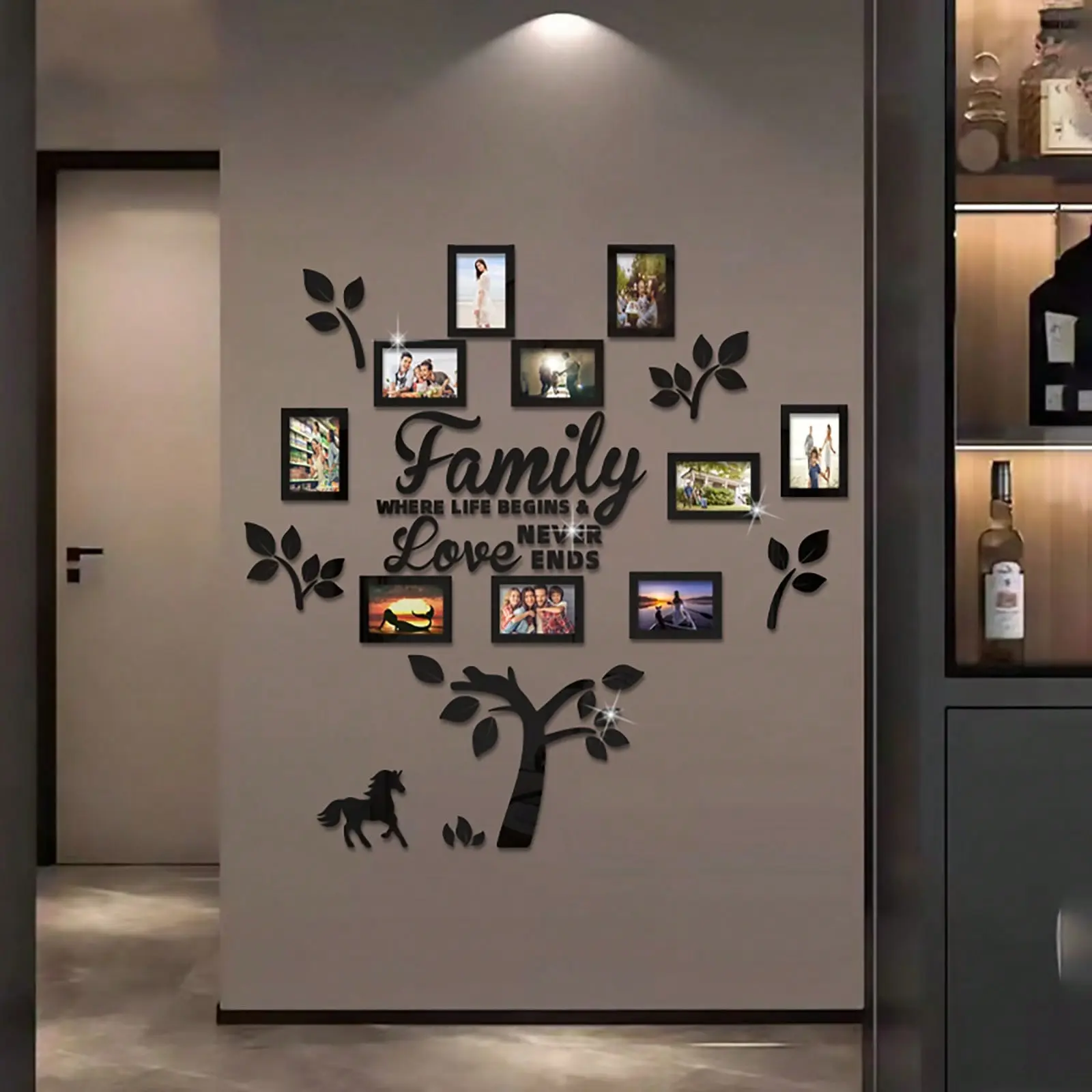 10Pcs 6 Inch Family Tree Acrylic Photo Frame Wall Stickers, Removable 3D Mirror Pony Tree Wall Decals, Wall Decorations, Art Background Decor for Home, Office, Home Decoration Supplies