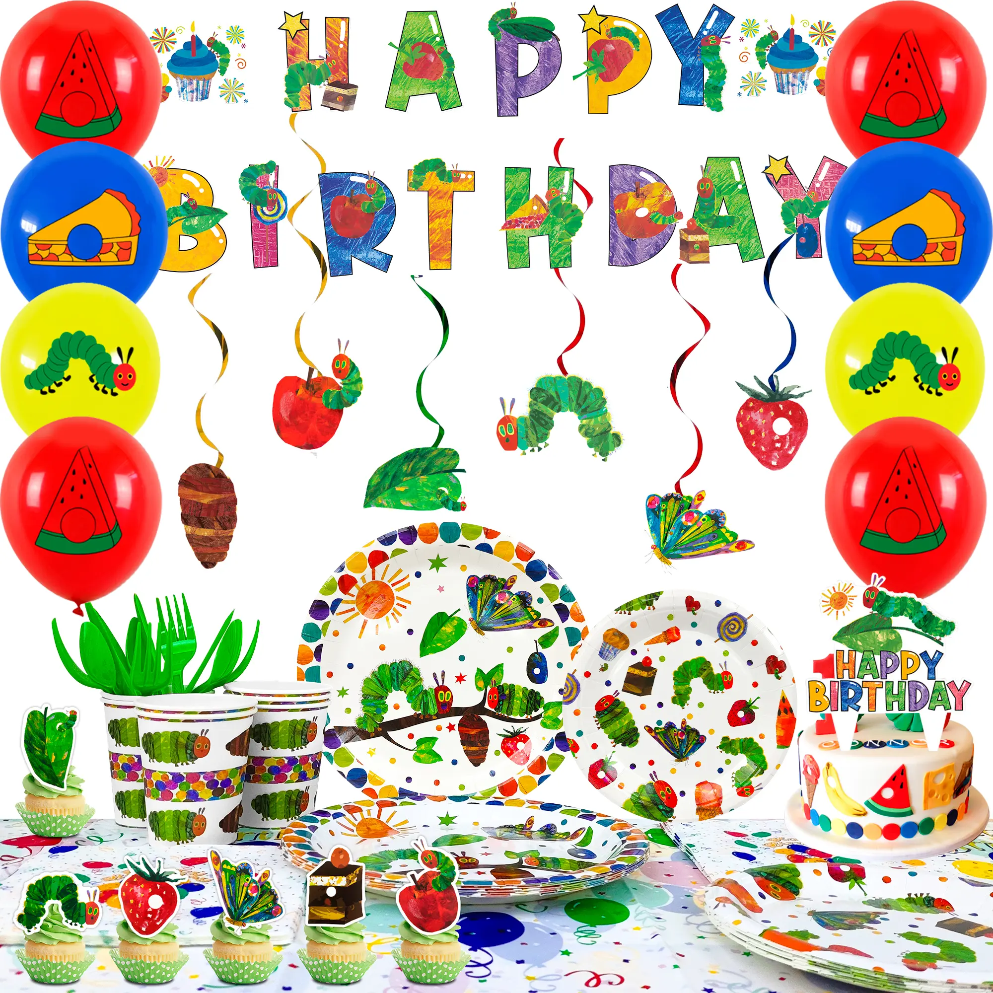 The Very Hungry Caterpillar Party Supplies,117pcs Hungry Caterpillar Birthday Decorations & Tableware Set- Hungry Caterpillar Party Plates Tablecloth Banner Balloon etc Hungry Caterpillar Decorations