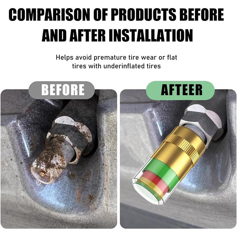 4Pcs Car Tire Pressure Monitor Valve Stem Caps Sensor Indicator 3 Color Eye Alert Pressure Monitor Tire Valve Stem Caps