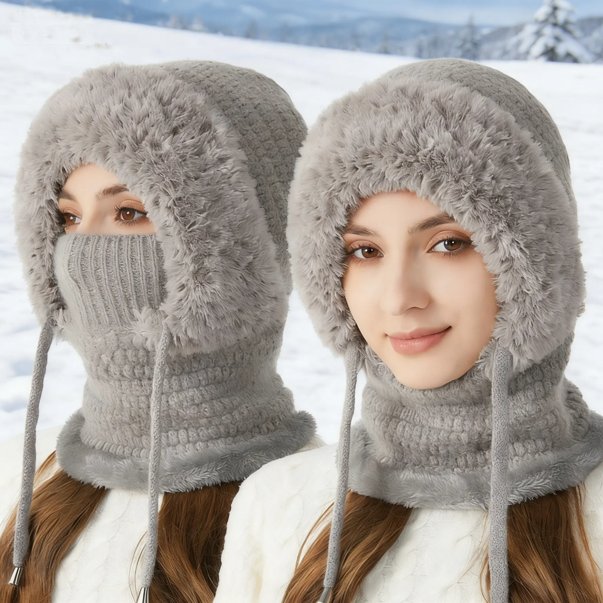 3 in 1 Women Winter Beanie Hats One Piece Fleece Lined Knit Balaclavas Mask Set Womens Balaclava Winter, Cold Knitted Hats Wind Resistant Hooded Scarf, Thick Plush-Lined