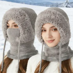 3 in 1 Women Winter Beanie Hats One Piece Fleece Lined Knit Balaclavas Mask Set Womens Balaclava Winter, Cold Knitted Hats Wind Resistant Hooded Scarf, Thick Plush-Lined