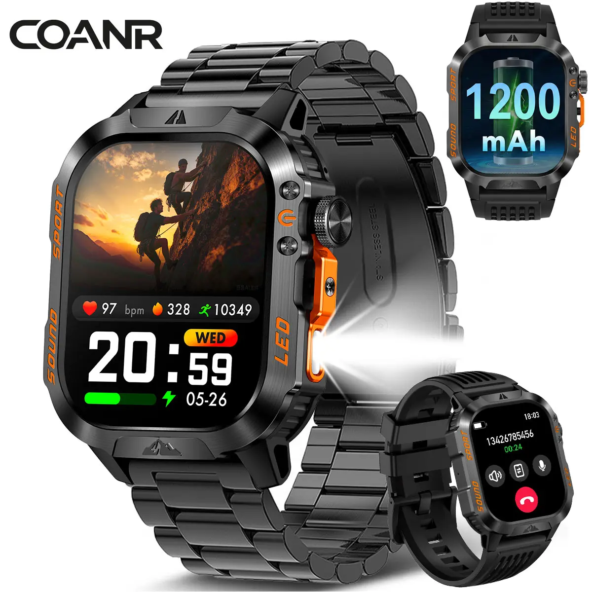 COANR Active 3 PRO new 1200 mah military smart watch, 21 days use time, 2.01 inch large screen, wireless call, phone sync information, LED flashlight, rugged IP68 waterproof, more than 100 sports modes, suitable for iPhone, Android, Wearable, Fitness Trac