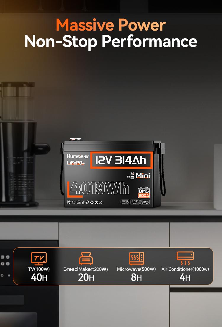 Humsienk 12V 314Ah LiFePO4 Bluetooth Lithium Battery Mini Size Lithium Iron Phosphate with 200A BMS Low-Temp Protection for RV Marine Trolling Motors - Portable Power Station