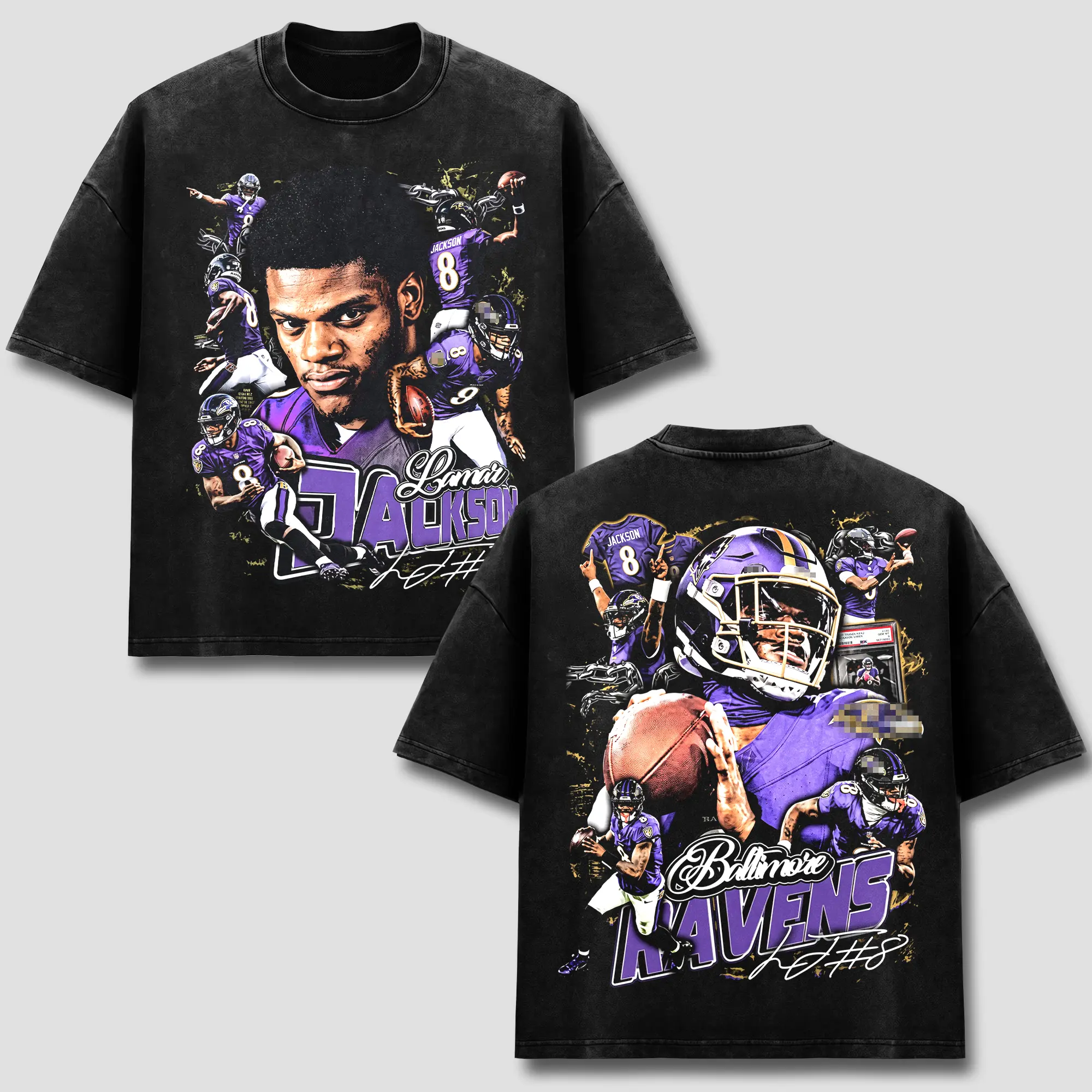 Lamar Jackson T-Shirt, BAL Football MVP Quarterback #8 Graphic Tee, Purple Helmet Sports Apparel, Star Footballer Retro 90s Bootleg Graphic Wear, Game Day Sunday Fan Heritage Gift, Men Women Heavyweight Oversized Black Acid Wash Clothing