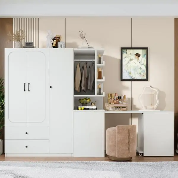 【Bellemave】Multifunctional Wardrobe with 2 Doors and Hanging Rod, Wooden clothes closet with Convertible Desk and Storage Drawers, Multi-storage Spaces, for Bedroom, Cloak Room, Laundry