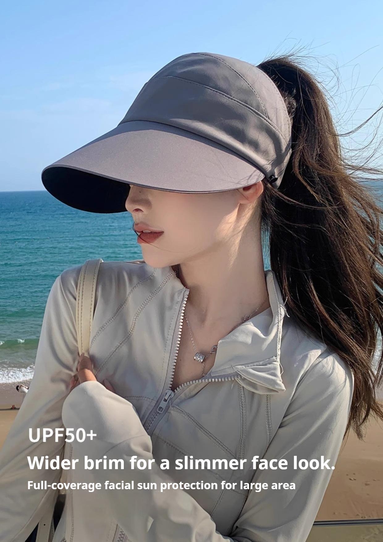 2 Pack UPF 50+ Women's Open-Top Sun Visor Hat, Large Brim UV Protection Sun Hat for Ponytail, Foldable Outdoor Beach Golf Running Sun Hat for Summer, Face Slimming Design