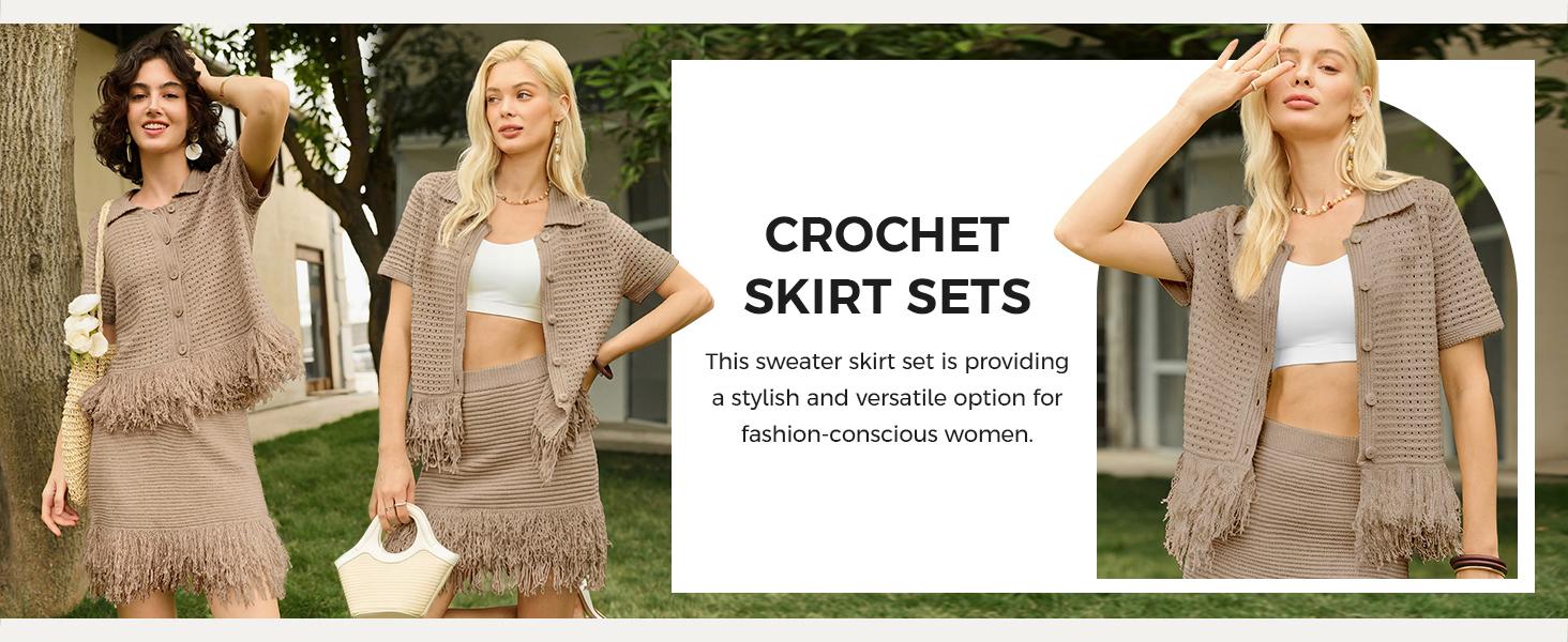Fisoew Womens 2 Piece Crochet Outfits Short Sleeve Button Knit Sweater Tops Fringe Skirt Summer Vacation Sets Beach Cover Ups