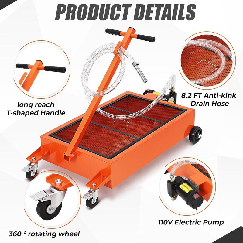 15/20GAL Oil Drain Pan with 110V Electric Pump, Metal Oil Change Pan Cart with 8FT Hose and Folding Handle, Durable and Portable for Cars SUVs Trucks Buses RVs, Orange