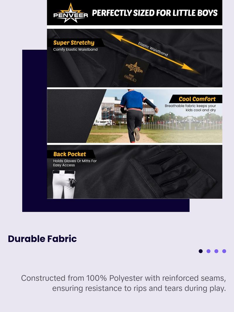 Penveer Pull-Up Youth Baseball Pants, Quarter Open Fly Boys Baseball Pants with Durable Snap & Elastic Bottom, T Ball Pants (Black) Athletic Outfits Sporty Style Clothes