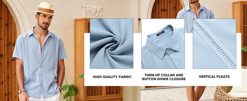 COOFANDY Mens Short Sleeve Cuban Guayabera Shirt Casual Summer Beach Button Down Shirts Menswear Top Clothing Soft