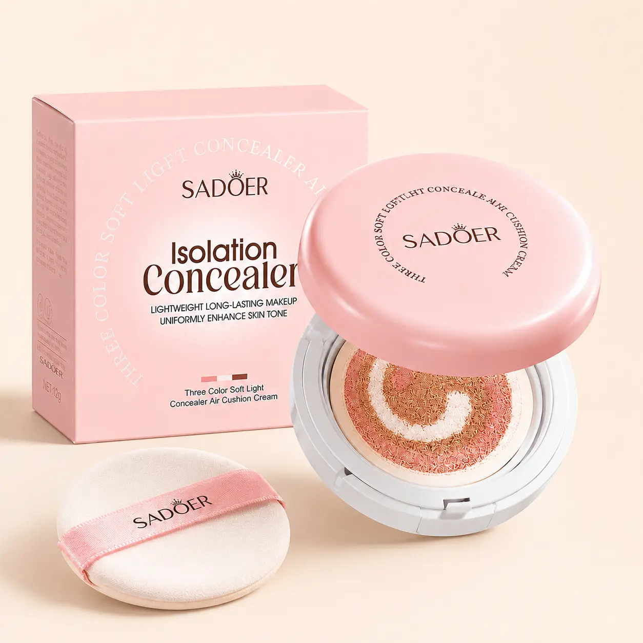 3-Color Concealer Cushion, Lightweight Cream Face Concealer Compact with Puff, Smooth Blendable Makeup, Natural Finish, Portable Touch-Up Makeup for Daily Use
