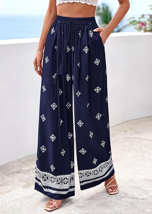 PrettyGarden Women's Wide Leg Palazzo Pants  Summer Boho Floral Trousers Spring Flowy Beach Vacation Clothes Resort Wear