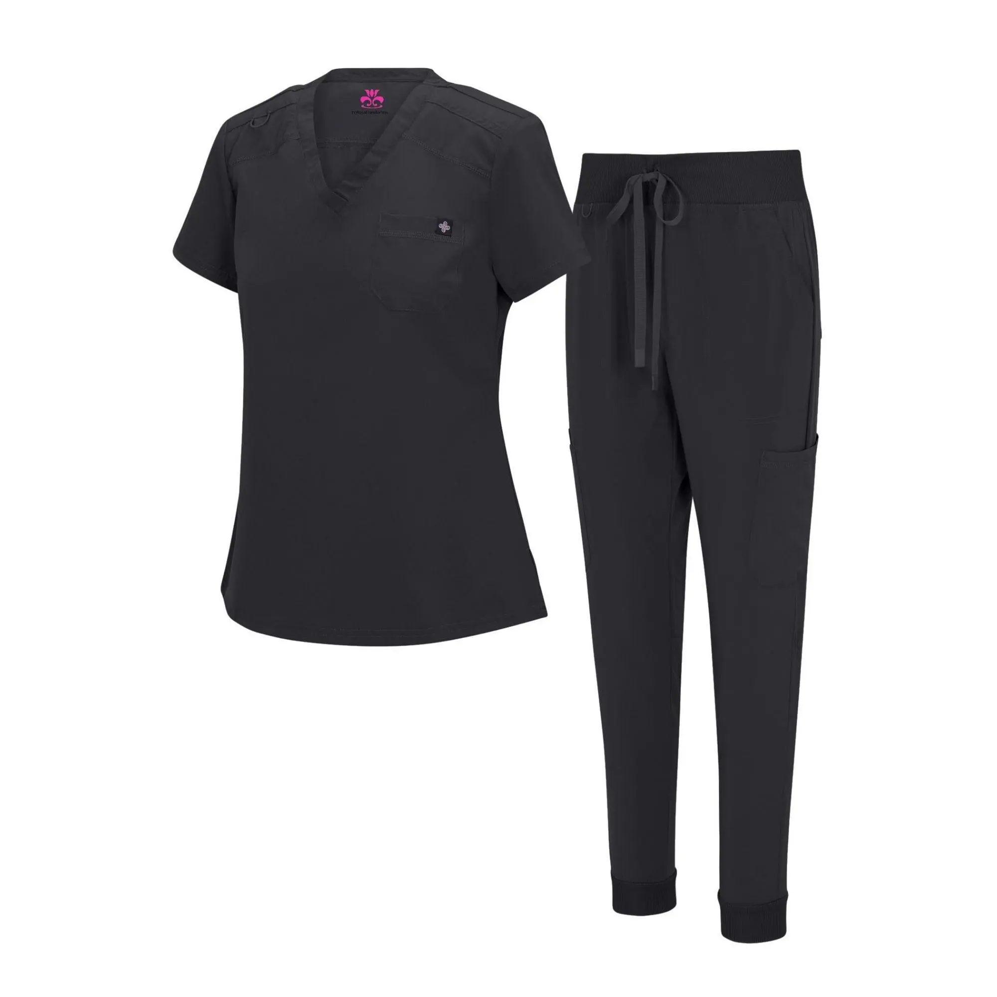 Natural Uniforms Women’s Cool Stretch Jogger Scrub Set – Tuck-In V-Neck Top & Jogger Pants with 7 Pockets for Nurses & Healthcare Professionals