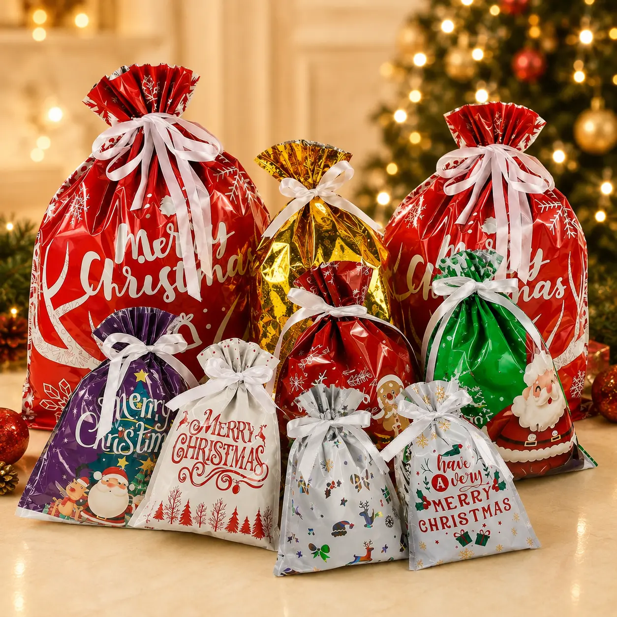 33 Pcs Christmas Drawstring Gift Bags, Assorted Sizes Holiday Wrapping Bags With Ribbons For Presents, Candy, Toys, Party Favors And Christmas Gift Packaging-YY