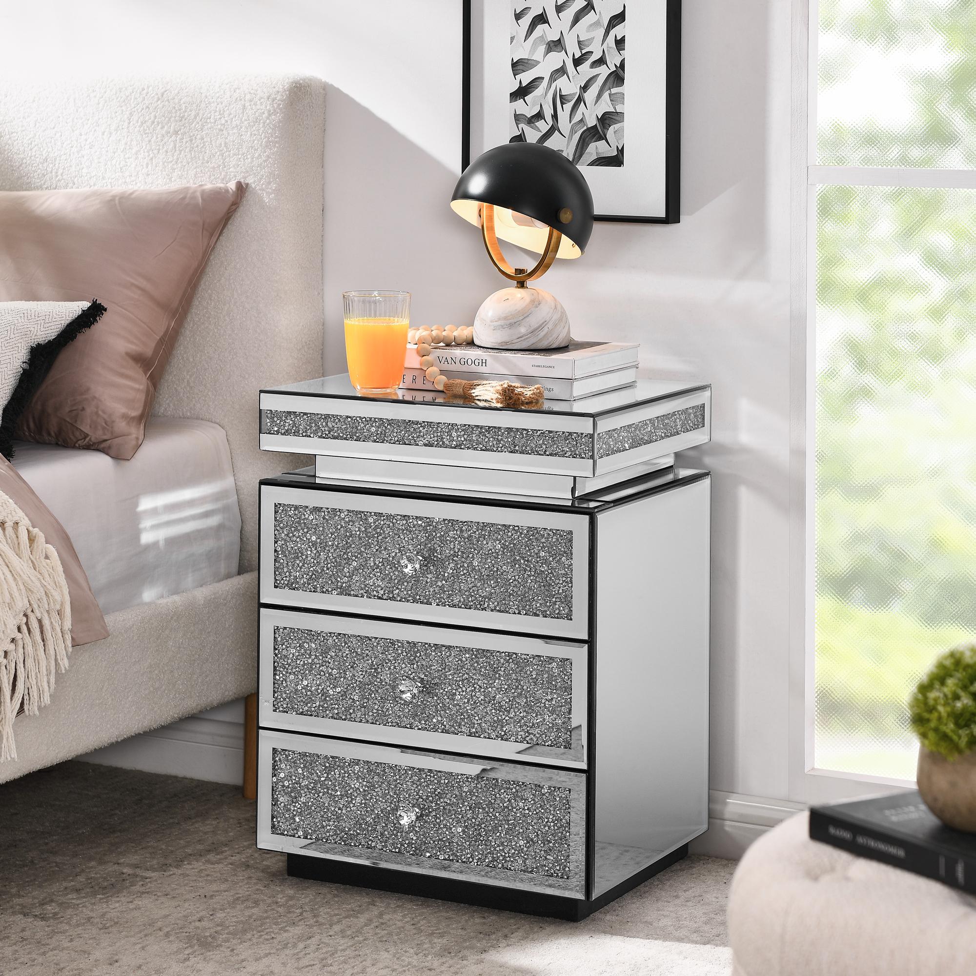 Mirrored Nightstand Modern Bedside Table with 3 Drawers, Silver End Table with Crystal Inlay, Bedside Table, Glass Table for Bedroom, 13.8''W x 17.7" L x 23.6" H Mirrored Nightstand Modern Bedside Table with 3 Drawers, Silver End Table with Crystal Inlay, Bedside Table, Glass Table for Bedroom, 13.8''W x 17.7" L x 23.6" H