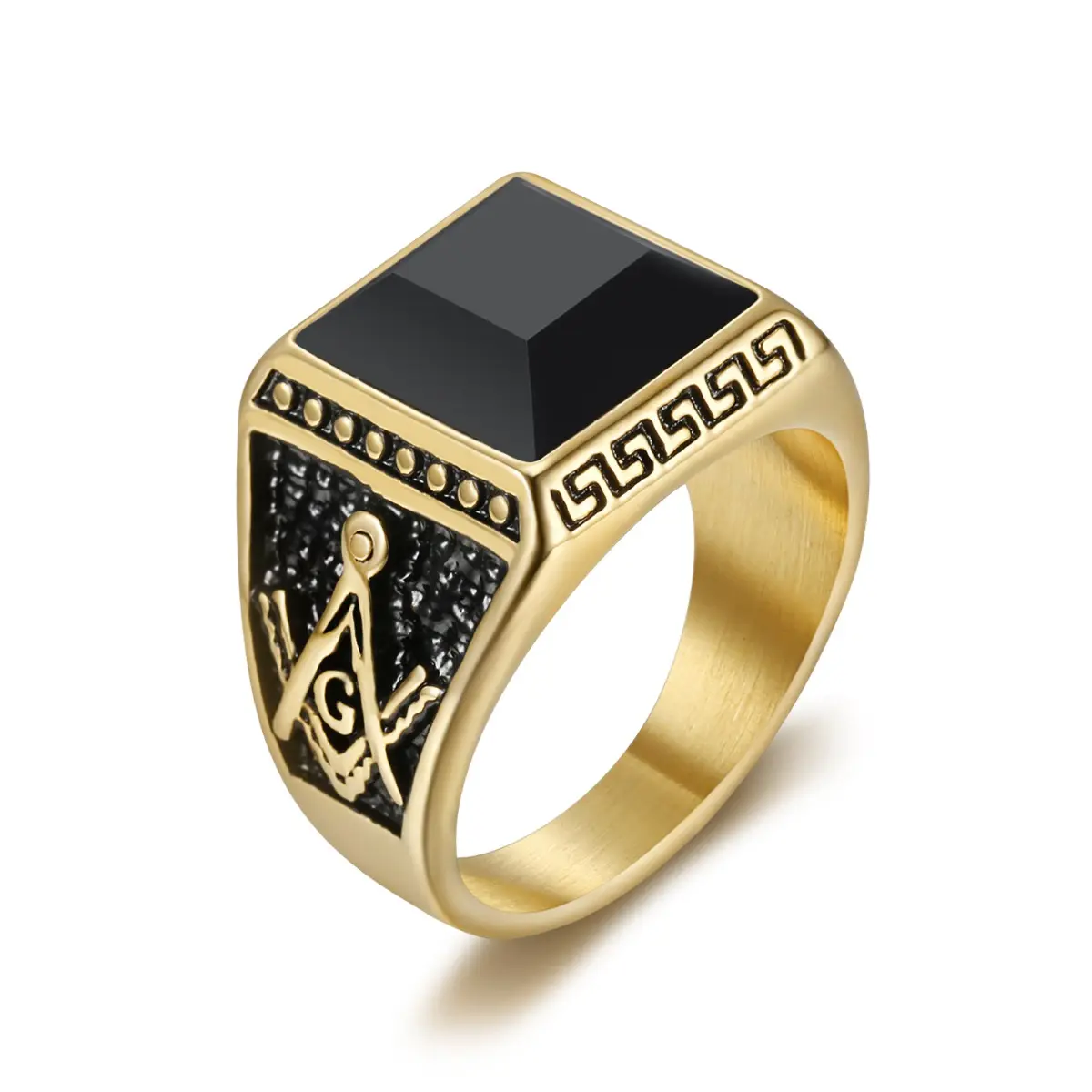 Black Stainless Steel Male Ring with a Retro Look, Modern Geometric Edge, Alphabet Motif, and Synthetic Zircon - Party Wear, Square Profile, Modern, Steel‑Solid