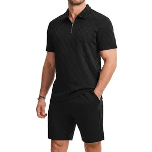 Dokotoo Men Casual 2 Piece Jacquard Knit Tracksuit Golf Polo Outfits Short Sleeve 1/4 Zip Shirts Shorts Elastic Set
