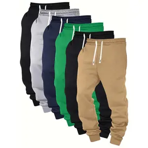 6-Pack Men's Solid Color Sweatpants, 100% Polyester Knit Fabric, Regular Fit, Drawstring Waist, Casual Athletic Joggers with Pockets, Slight Stretch, Spring/Fall Season, 210g/m2 Weight, Solid Color Sweatpants, Cuffed Sweatpants, Father's Day Gift.