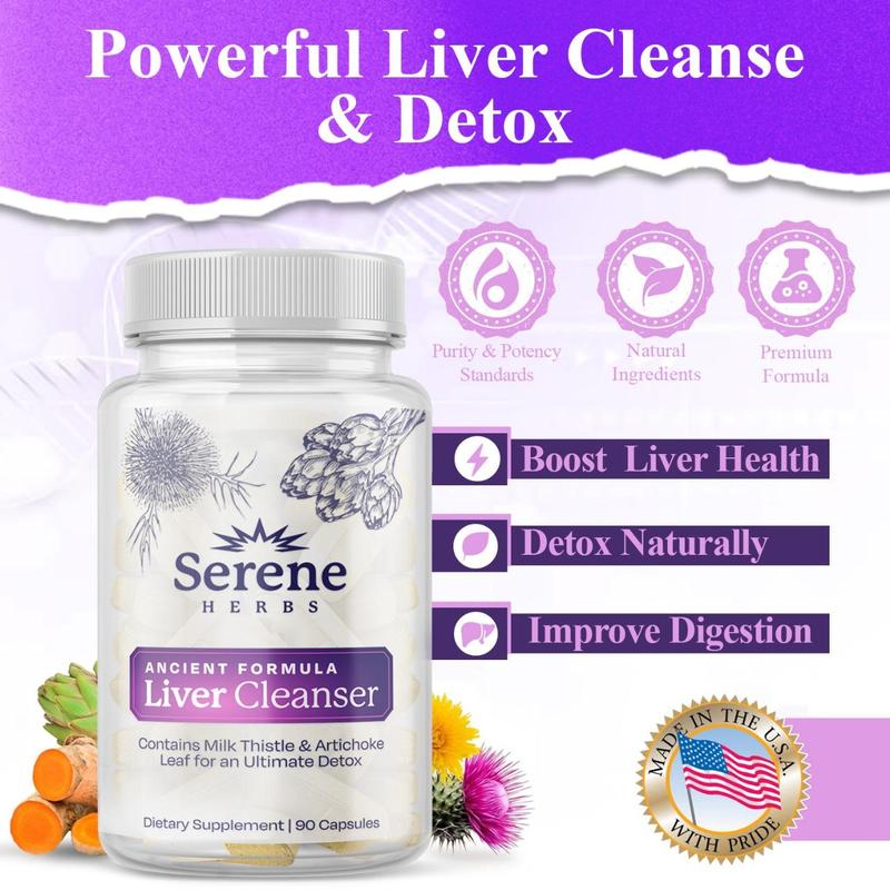 Serene Herbs Liver Cleanse Detox & Repair Formula – Pure Health Liver Support with Milk Thistle, Artichoke & Dandelion Root for Fatty Liver & Liver Health Herbal Detox Supplement Capsules (60 Count)