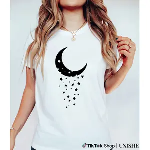 Women's White Casual Tee with Moon and Stars Graphic – Short Sleeve Cotton Top