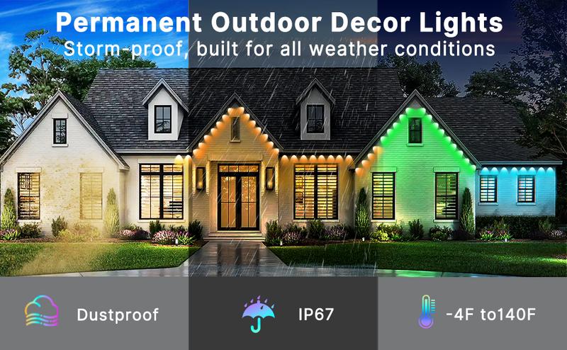 Fussion 100-200FT RGB Eave Outdoor Lights Permanent LED Colorful Eaves with APP & Remote Control IP67 Waterproof Festive Decorations 100FT/150Ft/200Ft/300FT/400FT