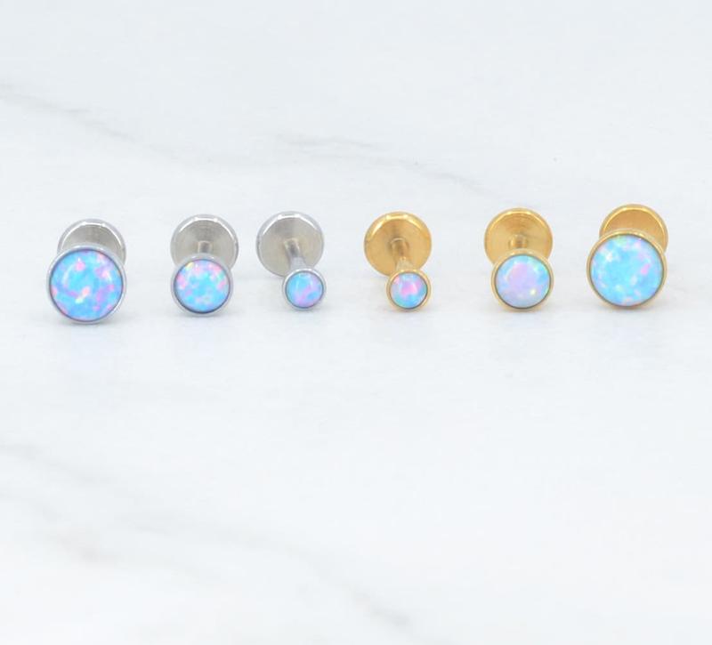 NEW 18G Threadless Flat Back Earrings Small Blue Opal Gem 16G/20G Push Pin Nose Ring Cartilage Piercing Gold Tone Labret Stud Helix 2-4mm