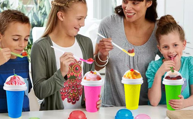 AIT Corp Slushy Maker,Frozen Magic Cup, Double Layers Silica Smoothie Pinch Ice Cooling Homemade Milk Shake Ice Cream ,blue Kitchen Silicone Spoon Utensils Mug