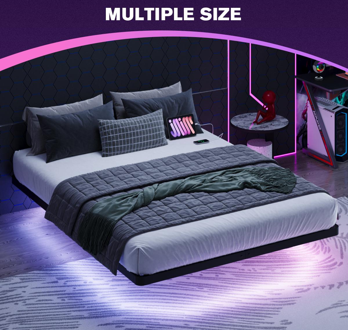 MUTICOR Floating LED Iron Bed Frame with Metal Slats【No Mattress】Headboard Outlets and Multi-Color Lighting, No Box Spring Needed, Twin/Full/Queen/King