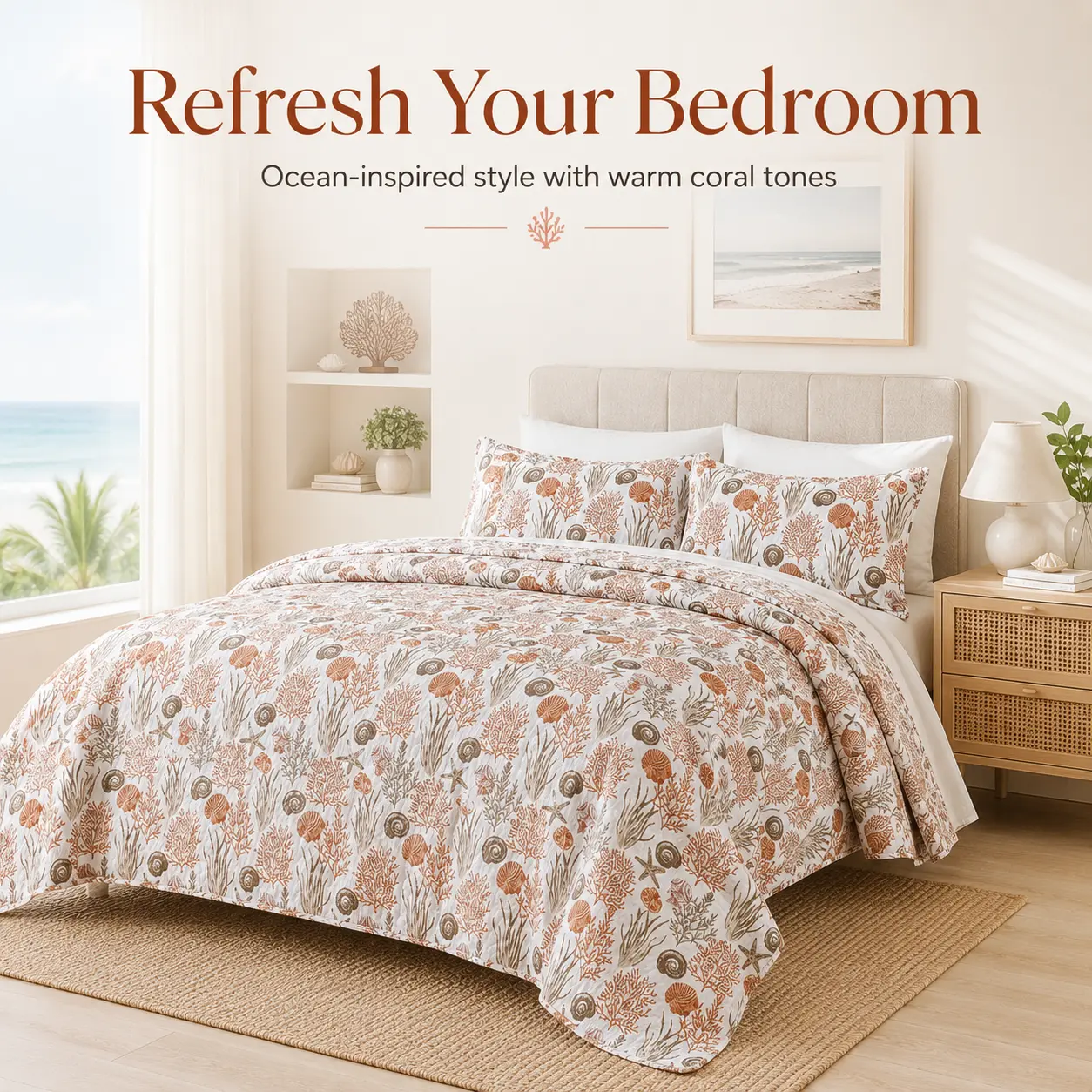 Coastal Coral Quilt Set - 100% Polyester Quilted Fabric Lightweight Bedspread, Set Includes Matching Pillow Shams, Soft Ocean Print Bedding for Multi-Size Twin/Queen/King Beds, Bedroom Decor with Soft Look