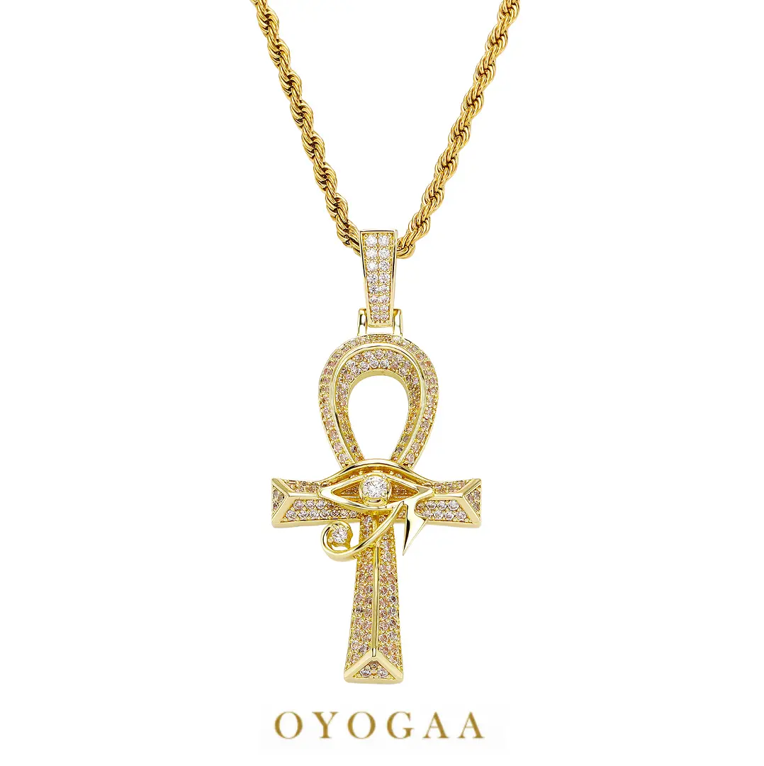 OYOGAA Iced Out Eye of Horus Ankh Pendant Ancient Egyptian Necklace Chain 14K Gold White Gold Plated Protection Jewelry for Men Women with Stainless Rope Chain