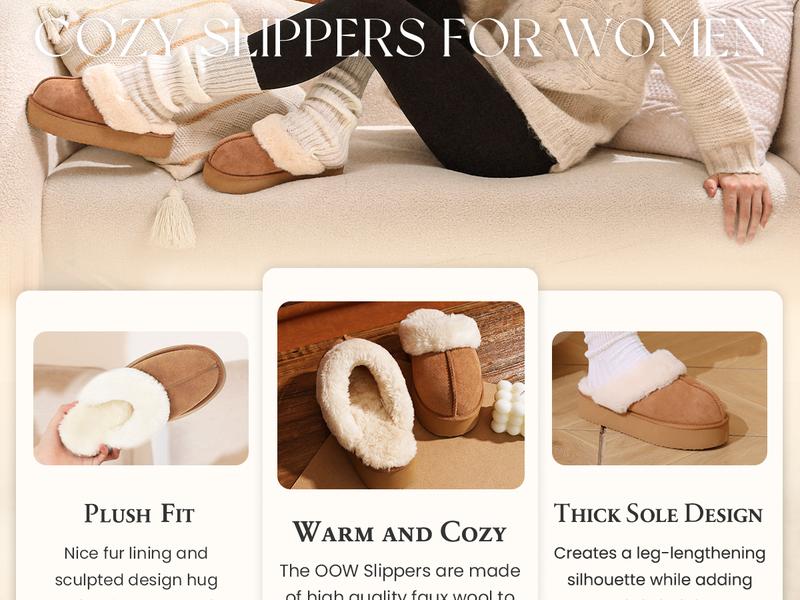 OOW Fuzzy Platform Slippers for Women - Women's Casual Winter House Slippers - Brown, Faux Fur & Shearling Blend - Women's Size OOW Fuzzy Platform Slippers for Women - Women's Casual Winter House Slippers - Brown, Faux Fur & Shearling Blend - Women's Size