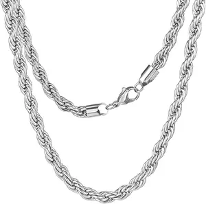 925 silver-plated Rope Chain Twist Necklace Wedding Engagement Jewelry 4MM (20“，24”），Hypoallergenic & Tarnish-Resistant, Durable Hip Hop Jewelry for Daily Wear