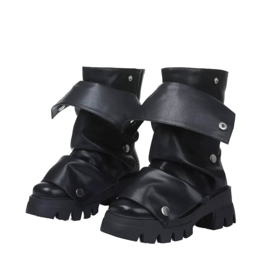 EROCALLI Women's 2025 Fold-Over Platform Mid-Calf Pull-On PU Boots, Round Toe, Chunky Stacked Heel, Goth Punk Footwear, Statement Party Shoes, Alt Outfits, Grunge Aesthetic, Minimalist Casual Wear, Rubber Sole, Korean Style