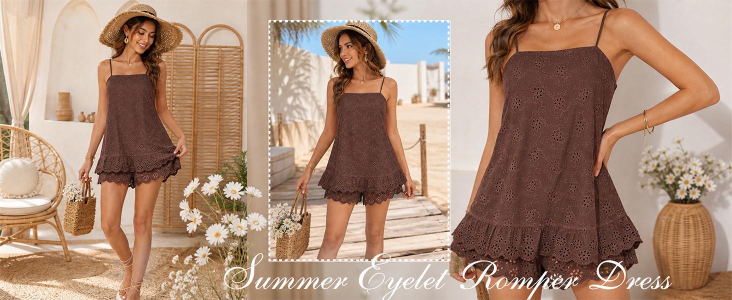 Tanming Women's Fitted Bohemian Cotton Blend Overalls - Sleeveless, Eyelet Embroidery, Spaghetti Strap, Lacy, Ruffled Hem, Feminine Summer Mini Romper Tanming Women's Fitted Bohemian Cotton Blend Overalls - Sleeveless, Eyelet Embroidery, Spaghetti Strap, Lacy, Ruffled Hem, Feminine Summer Mini Romper