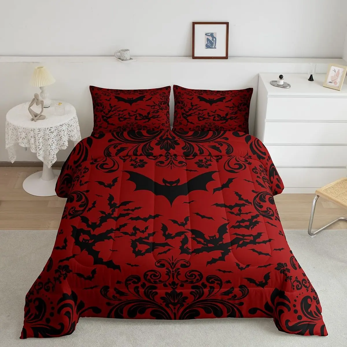 Feelyou Halloween Red and Black Gothic Damask Bat Printed Theme Bedding Set - Comfy Quilt Bedspread Duvet Set for Men's Room Decor, Bedspread Set