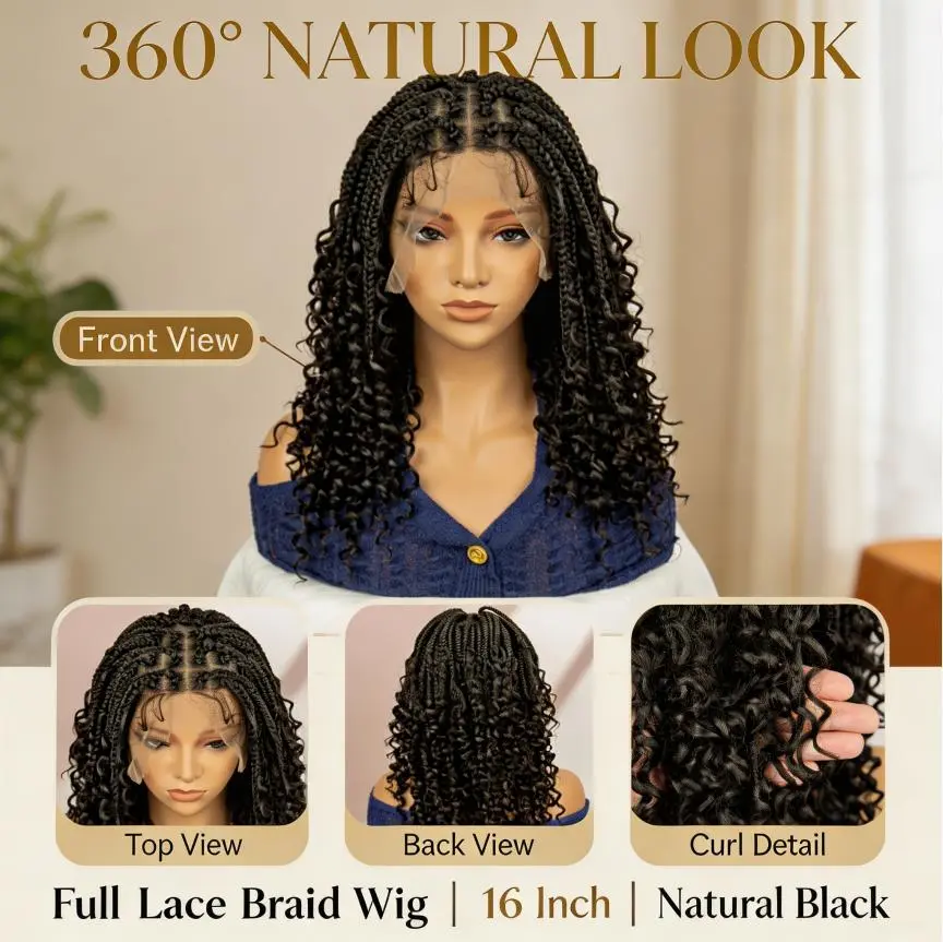ANYTIME16 Inch Synthetic Full Lace Braided Wig for Black Women, Hand‑Tied Cornrow Box Braid Wig, Natural Curly End African Braided Lace Front Wig, Realistic Hand Braided Texture Wig for Daily Wear & Special Occasions Glueless Wigs Braided Hair Wigs
