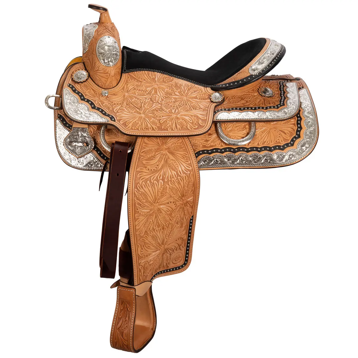 Schneiders Cody II Western Silver Show Saddle, Fiberglass Tree, Full Horsebars, Hand Tooling, Rawhide Wrap for Show Riding, Comfortable Fit, Lightweight Rawhide-Wrapped, Flexible Leather Latigo Straps, Padded Seat, Pre-Turned Fenders