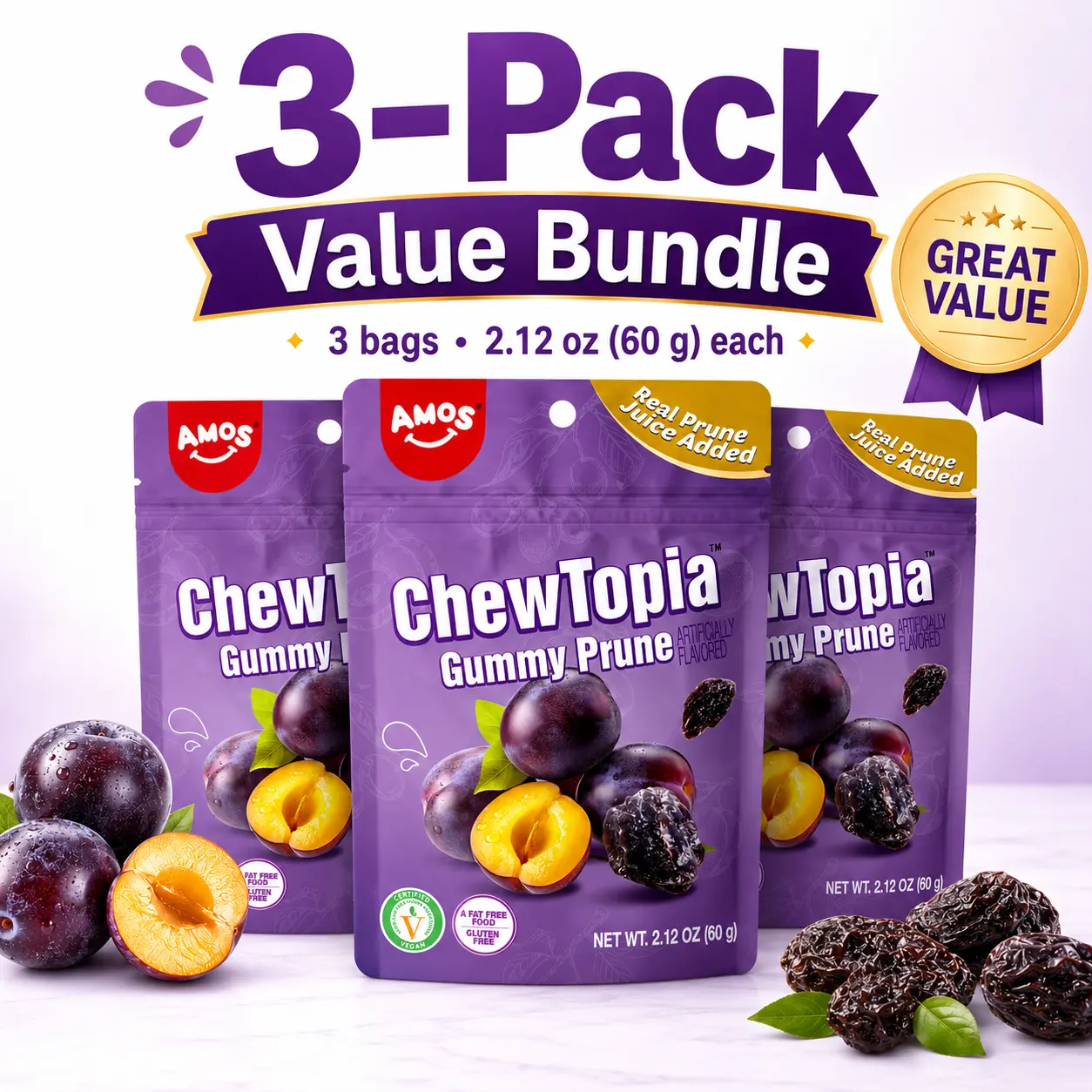 AMOS ChewTopia Gummy Prune 3-Pack Value Bundle, Real Prune Juice Added, Vegan, Fat Free & Gluten Free, 2.12 oz Each
