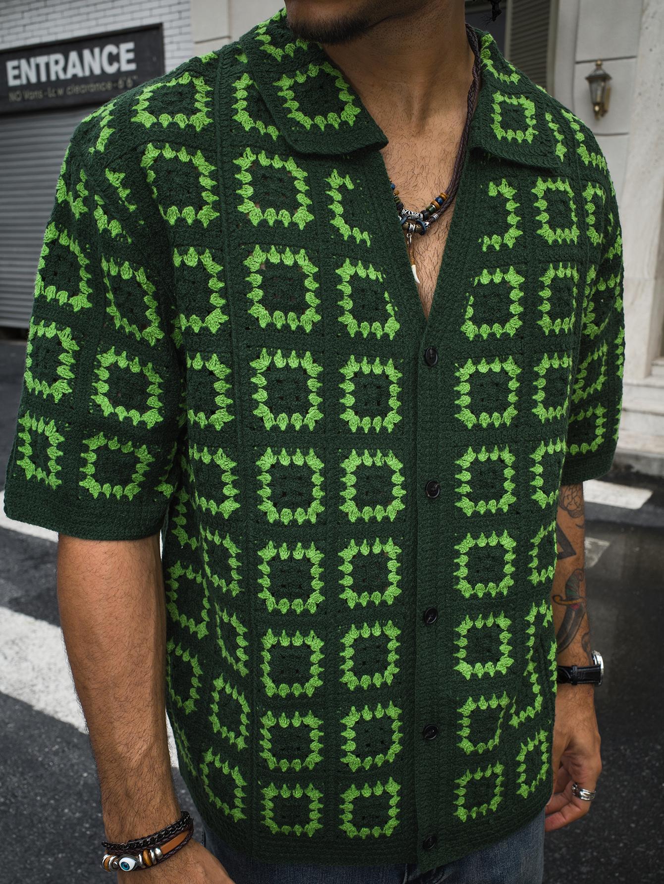 Summer Essential Men's Dark Green Colorblock Knit Short-Sleeve T-Shirt with All Over Print Loose Fit Casual Vacation Wear Tops Button Up