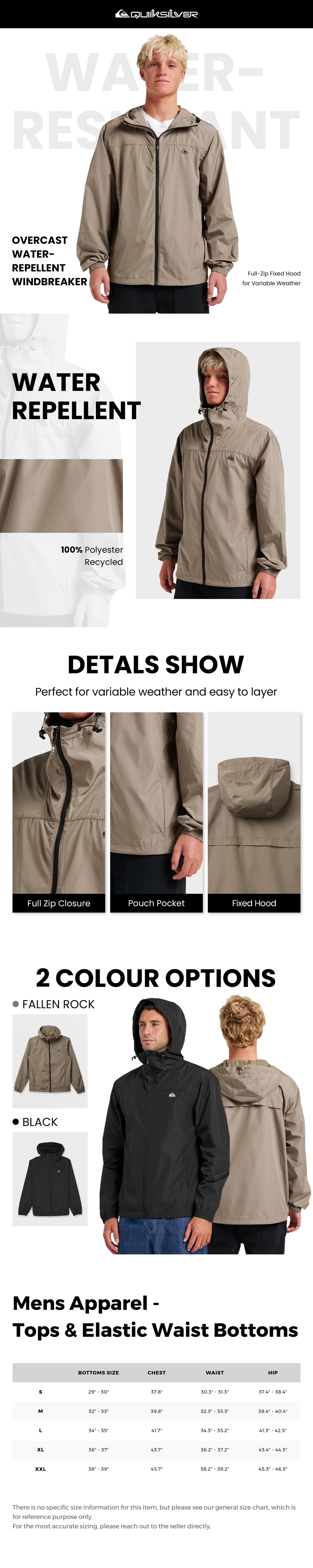 Quiksilver | Overcast Windbreaker | Water-Repellent Windbreaker | Full-Zip with Fixed Hood for Variable Weather | Top Casual Jacket Beige