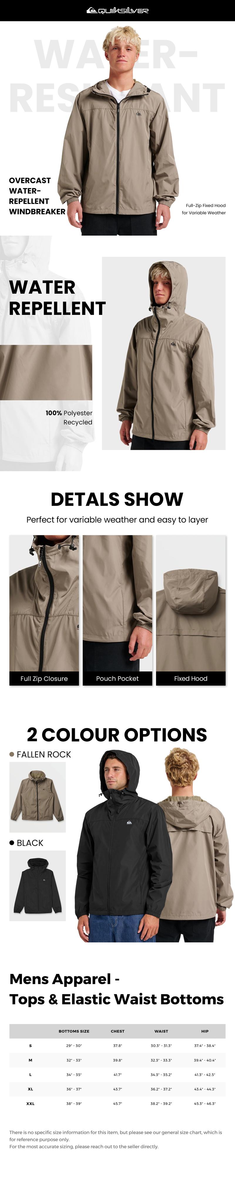 Quiksilver | Overcast Windbreaker | Water-Repellent Windbreaker | Full-Zip with Fixed Hood for Variable Weather | Top