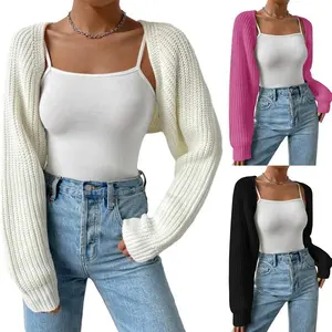 Women's Open Front Cropped Cardigan Long Sleeve Solid Color Ribbed Knit Shrug Sweater Bolero Tops