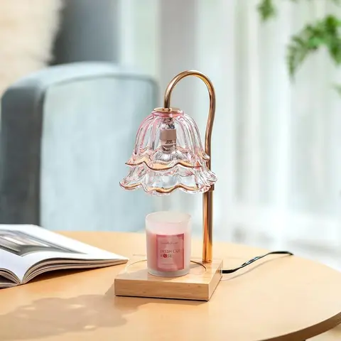 CANDELDO Pink Flower Timer Candle Warmer Lamp with 2 Bulbs - Height-Adjustable Table Lamp, Glass Candle Holder, Warming Jar, Home Decoration Items, Single Unit Housewarming & Anniversary Gift