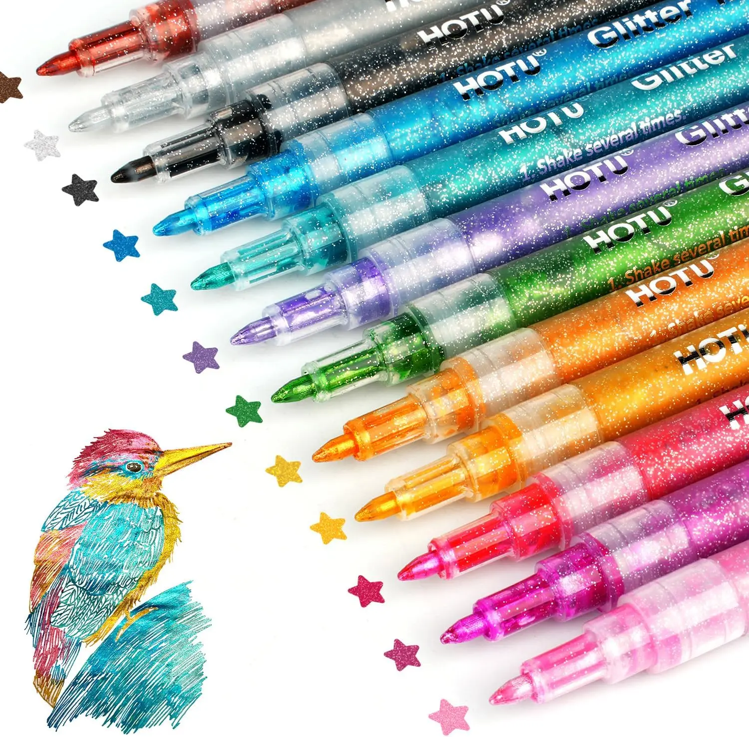 HOTU 24-Pack Unisex Water-Based Ink Glitter Pens - 0.7mm Fine Sparkle Tips, Quick Dry, Waterproof, Lightfast, Arts & Crafts Set for Kids, Stress Relief Journaling DIY Projects