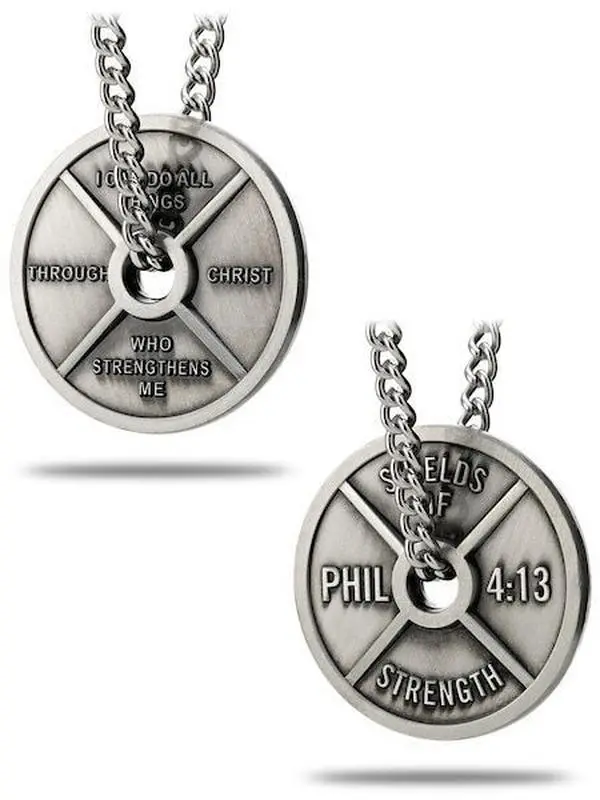 Men's Antique Finish Weight Plate Necklace | Inscribed with Phil 4:13 Bible Verse
