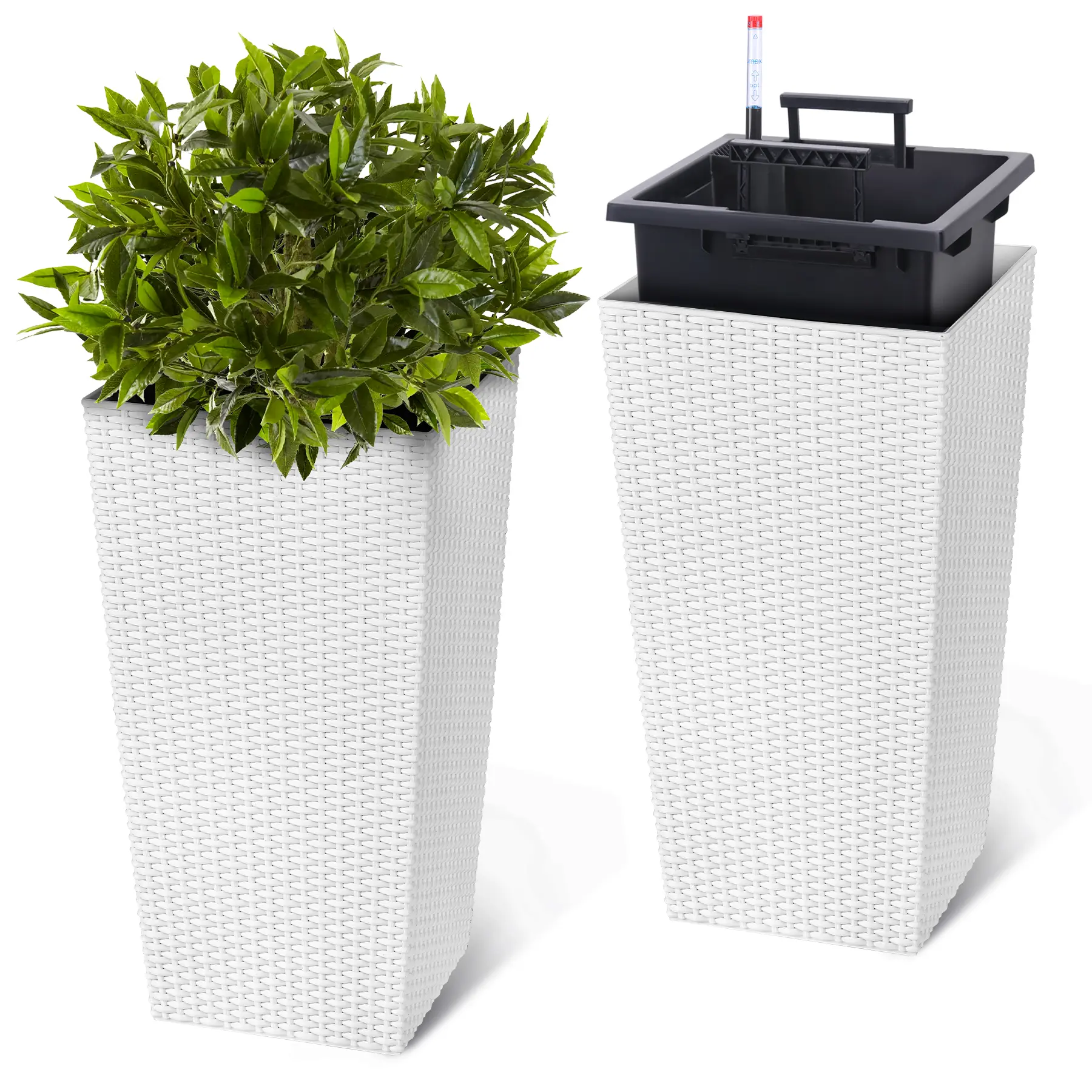 Set of 2 Tall Wicker Planters, Built-in Drainage with Detachable Liners, Heavy-Duty 22.5 & 24 Inch All-Weather Outdoor Flower Pots, Modern Large Decorative Planters for Front Door, Patio, Porch & Garden